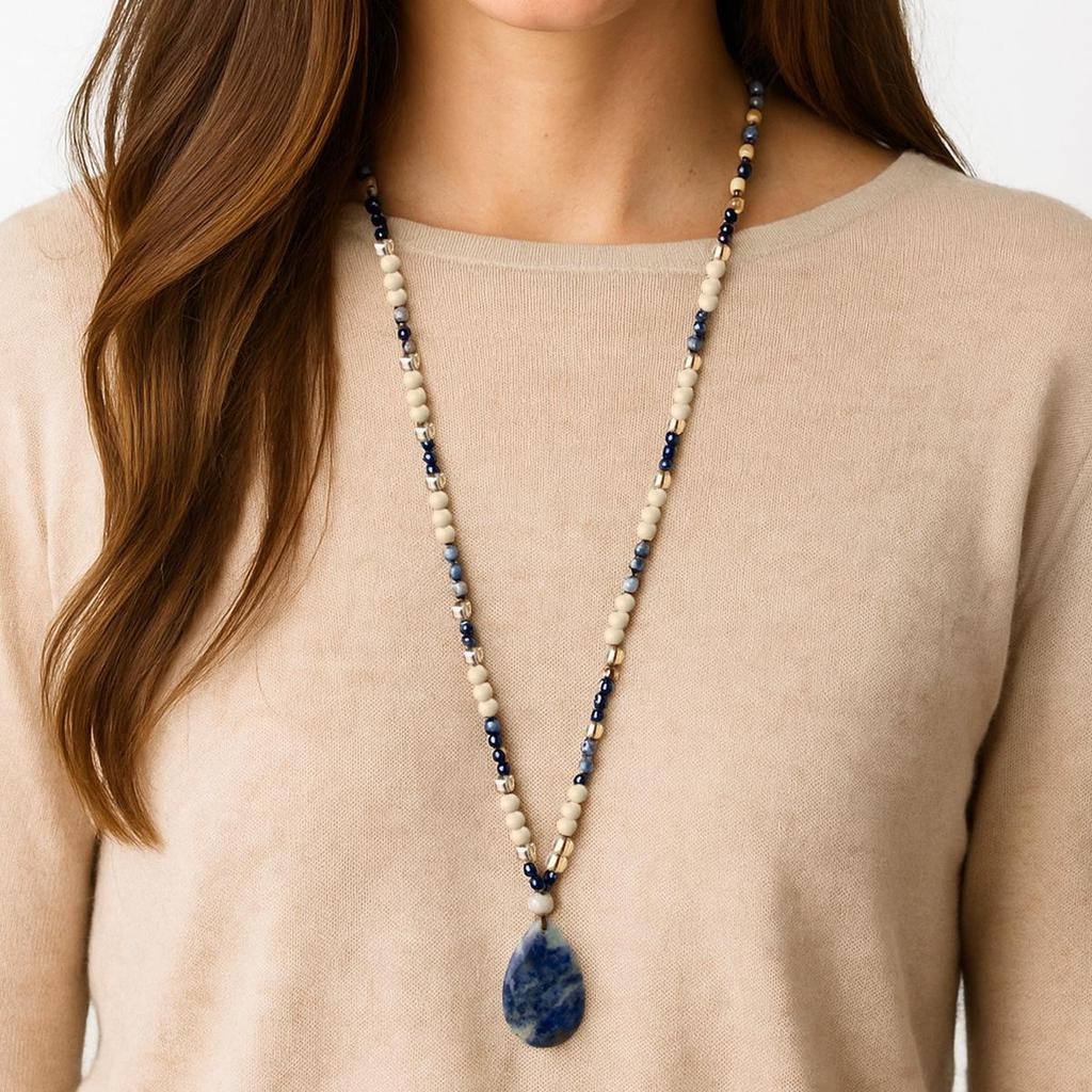 European Ethnic Blue Veined Stone Water Drop Pendant Necklace for Women - Hand-Knotted Natural Stone Sweater Chain Jewelry