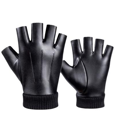 Half Finger Leather Gloves for Men In Autumn and Winter with Velvet Warm Touch Screen Outdoor Riding Waterproof and Non Slip Finger Gloves