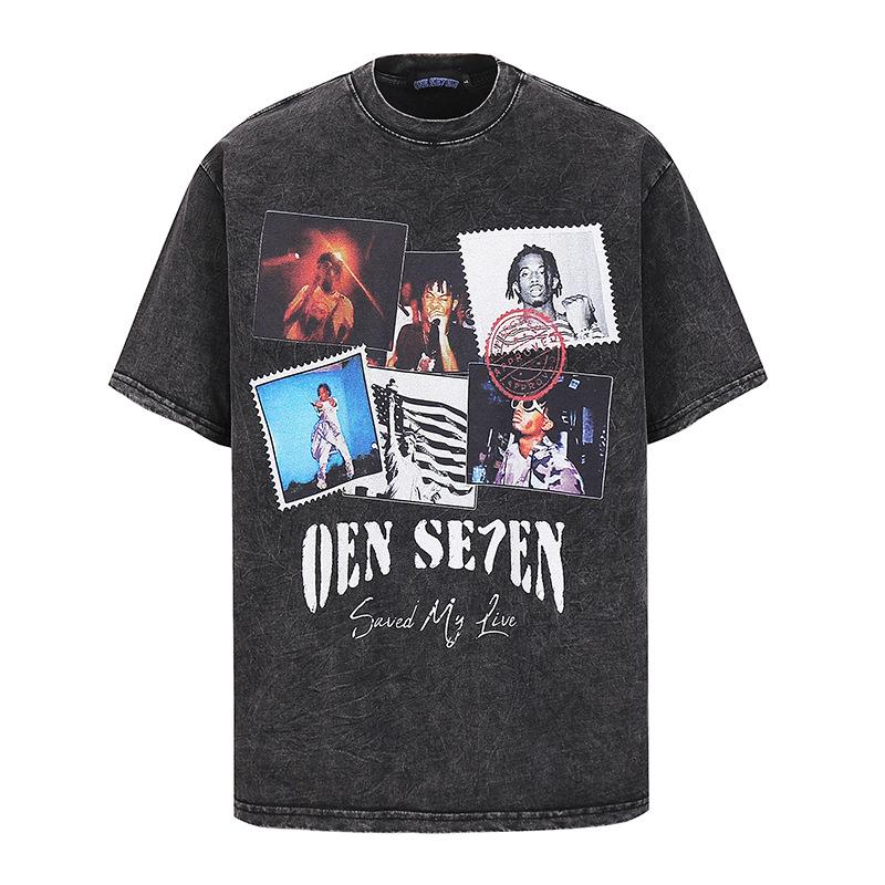 American Heavy Cotton Skull Print T-Shirt Vintage High Street Retro Washed T-Shirt Loose Short Sleeve Men