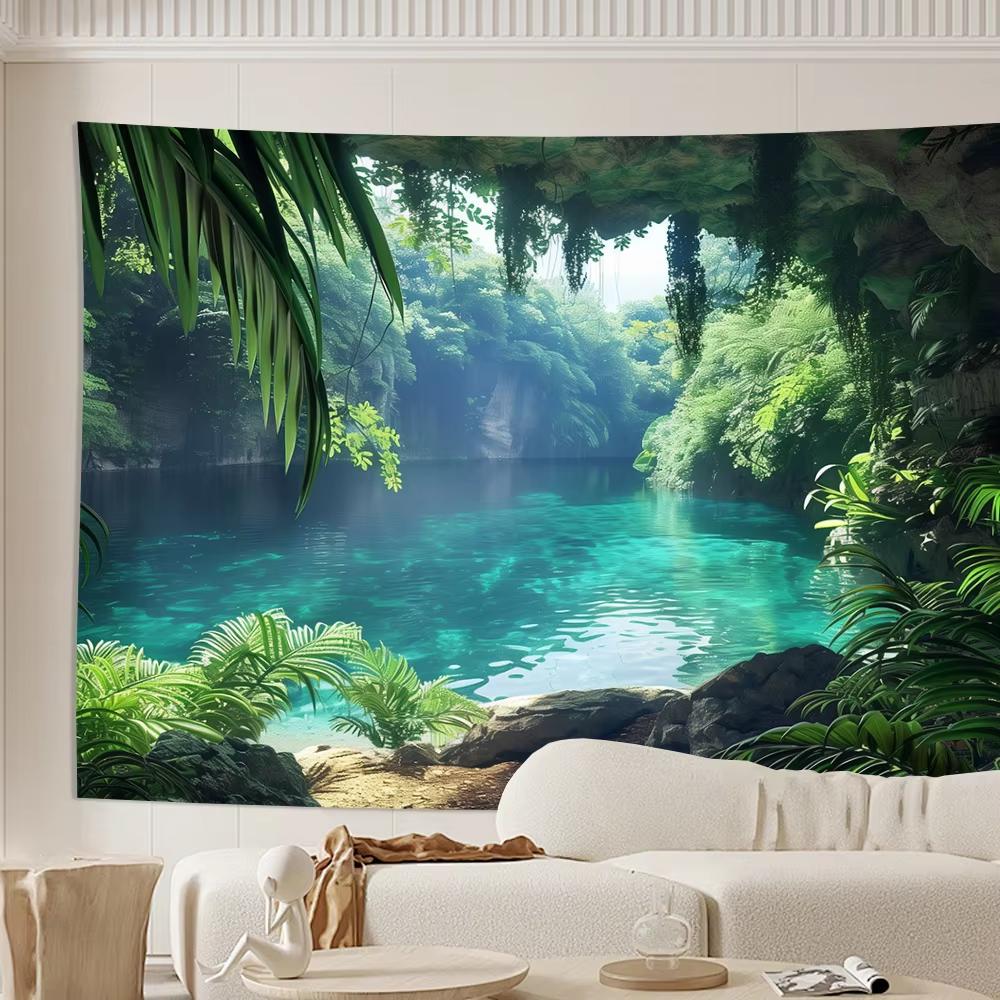 Tropical Rainforest Tapestry Emerald Green Lake Sunlight Tree Shadows Living Room Study Natural Style Decor
