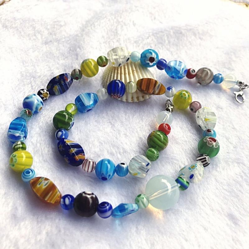 Muranos Style Blown Glass Beaded Necklace for Women Colorful Opal Beads Collarbone Chain Unique Handmade Neck Jewelry