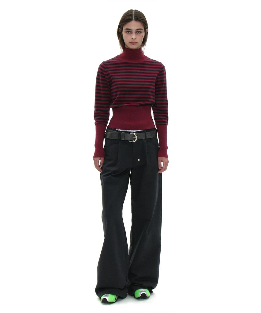 PARTIMENTO WOMEN Pwc High-Neck Back Button-Up Knit Top_Plum Stripe