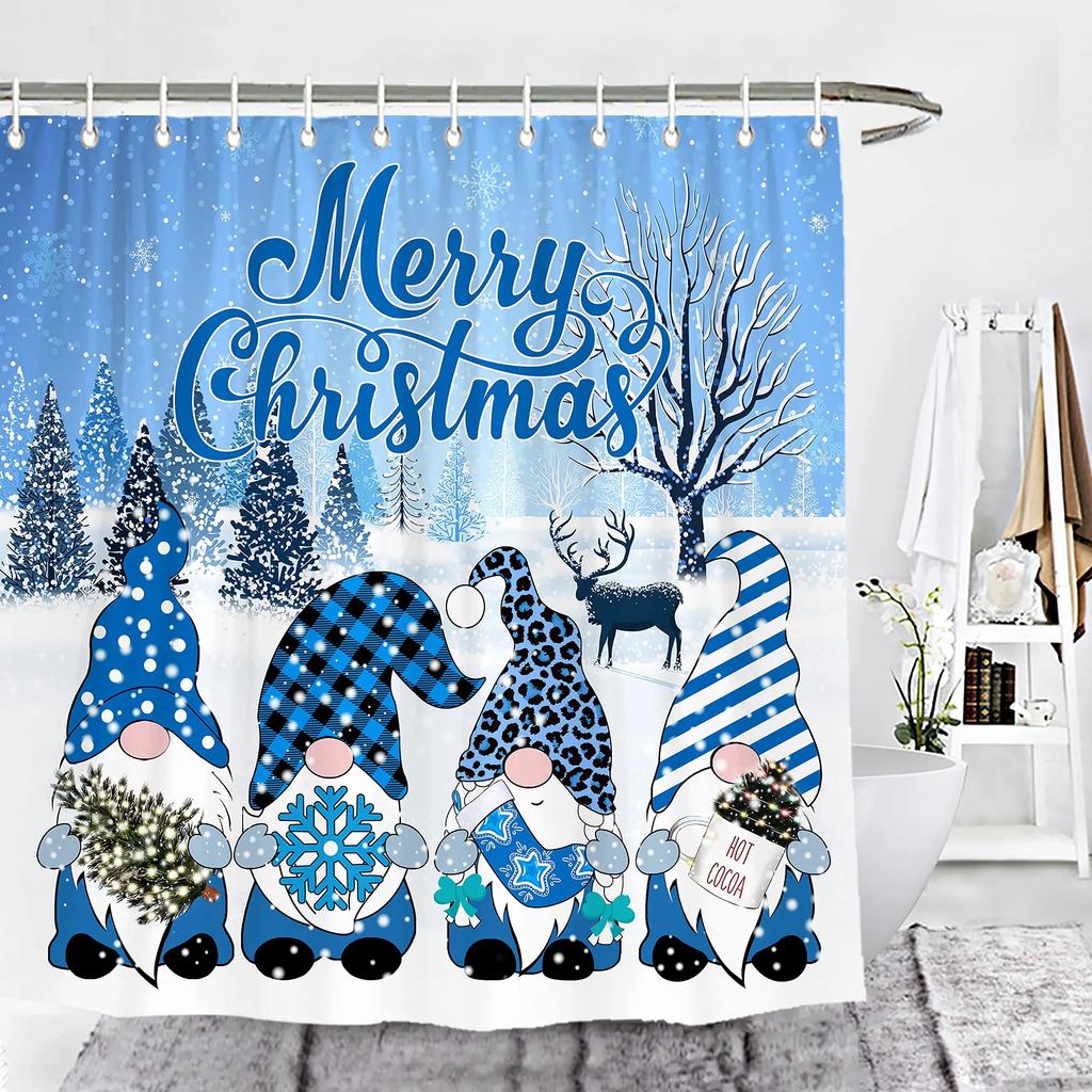 Christmas Gnomes Shower Curtain Set,Cute Winter Xmas Holiday Tree Buffalo Check Plaid Shower Curtains For Bathroom Decor,Hooks