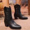 Fashion Retro Pointed-Toe Western Cowboy Boots Thick Heel British Style Embroidered Mid-Calf Knight Leather Boots Versatile Knight Boots