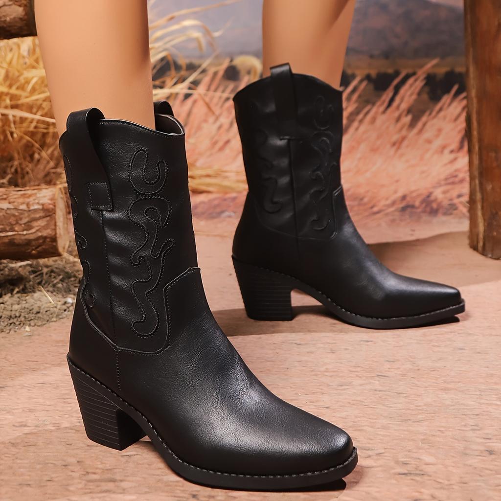 Fashion Retro Pointed-Toe Western Cowboy Boots Thick Heel British Style Embroidered Mid-Calf Knight Leather Boots Versatile Knight Boots