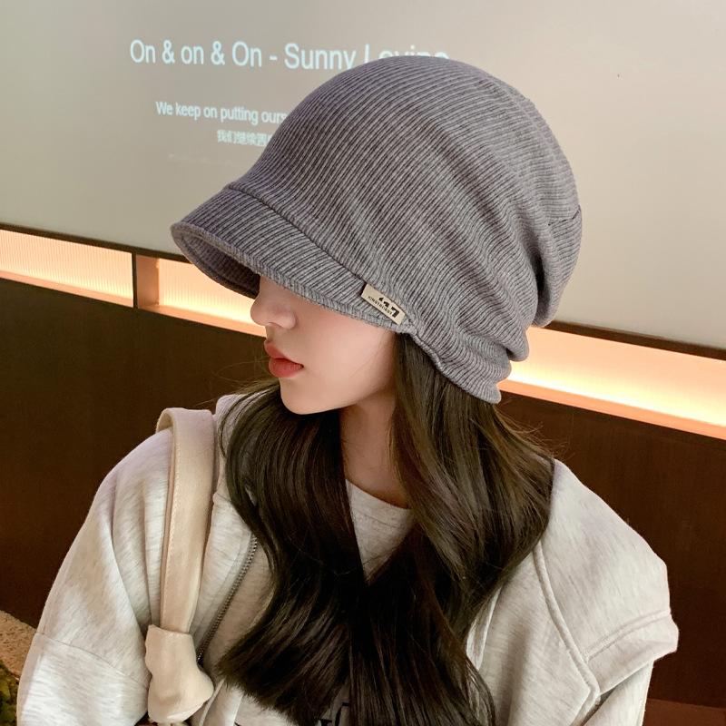 Autumn and Winter Hats Female Alphabet Mark Stacking Hat Big Head Circumference Solid Color Pullover Hat Tide