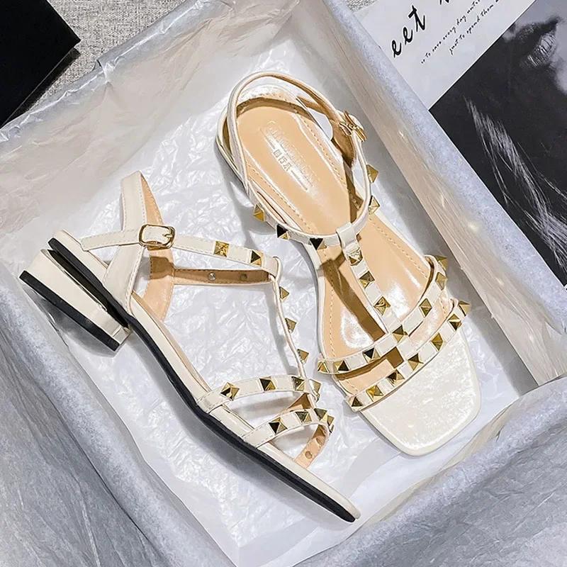 Women Modern Sandals Summer New Luxury Beautiful Rivet Band Leather Casual High Heels Shoes Sweet Pumps Big Size