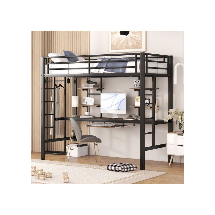 Lit mezzanine - MUVOE - 90x200 cm - Métal noir - Bureau et étagères inclus - Sécurisé EN747