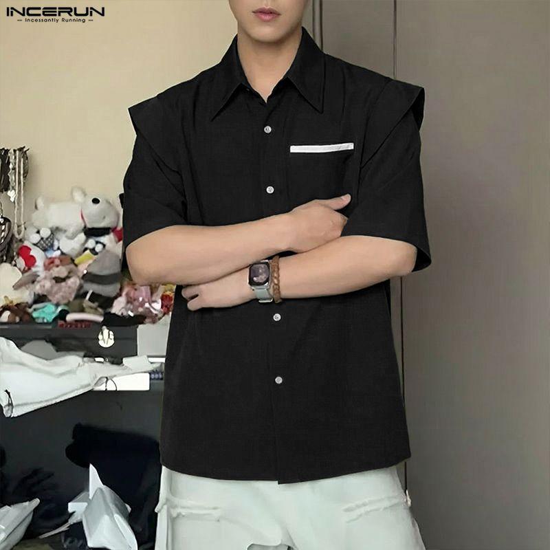 INCERUN Oversized Men Lapel Neck Short Sleeve Fake Two-piece Casual Shirts Tops