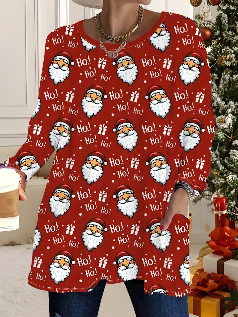 2025 Autumn Winter New Plus Size Women's Tops, Christmas 3D Print Fashion Crew Neck Long Sleeve T-Shirts