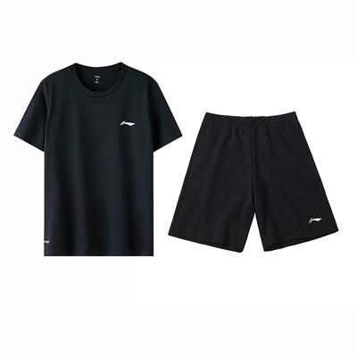 Loose Fit Solid Color Logo Round Neck Drop Shoulder Pullover Short Sleeve Mid Waist Elastic Shorts Casual Sports Set ATST641-1+AKST453-1