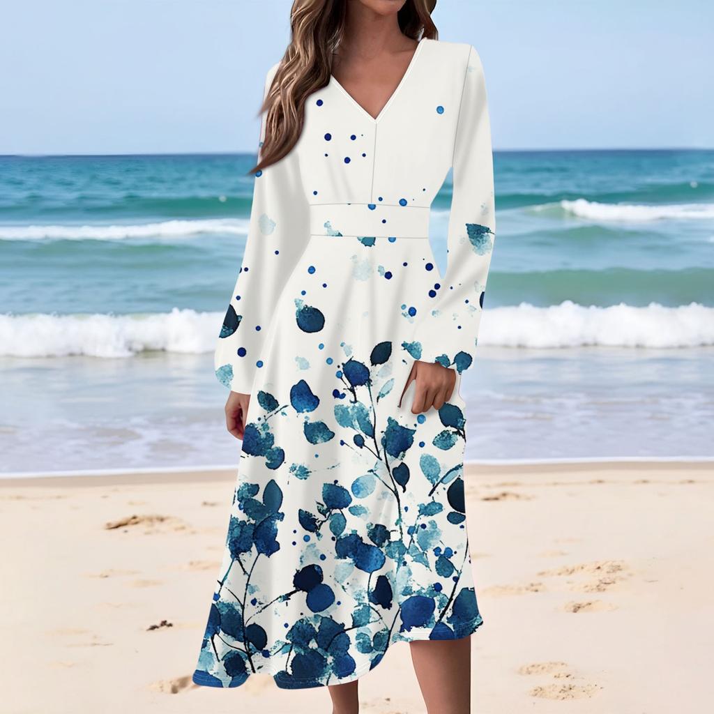 Women's Casual Fashion Floral Print V-neck Long Sleeve Waist Long Dress