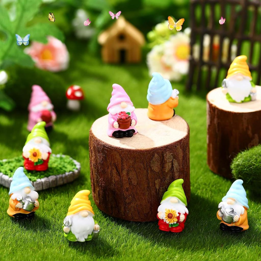 40 Pcs Spring Mini Gnomes Figurine Miniature Spring Gnome Resin Statues Flowers Sunflower Mini Resin Gnomes Table Decor for Summer Tiny Elf Indoor