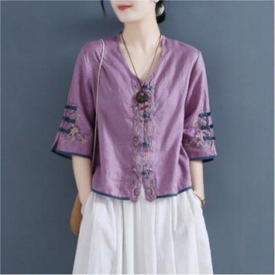 Camicia da Donna Estiva Retro Ricamo Fibbia a Piatto Lino Cotone Cinese Larga Corta Scollo a V Abbigliamento da Tè