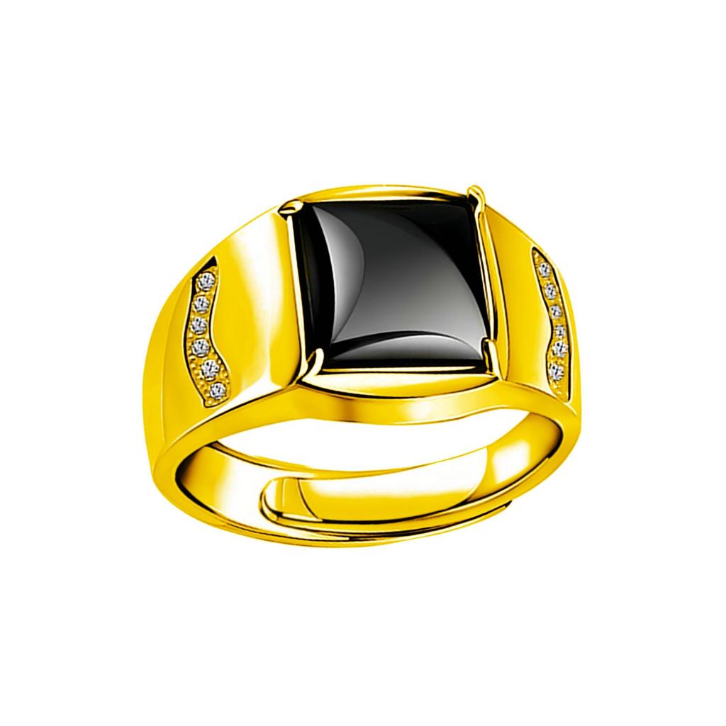 Men's Adjustable Black Agate Square Ring with Black Diamond - Korean Style and Smooth Finish