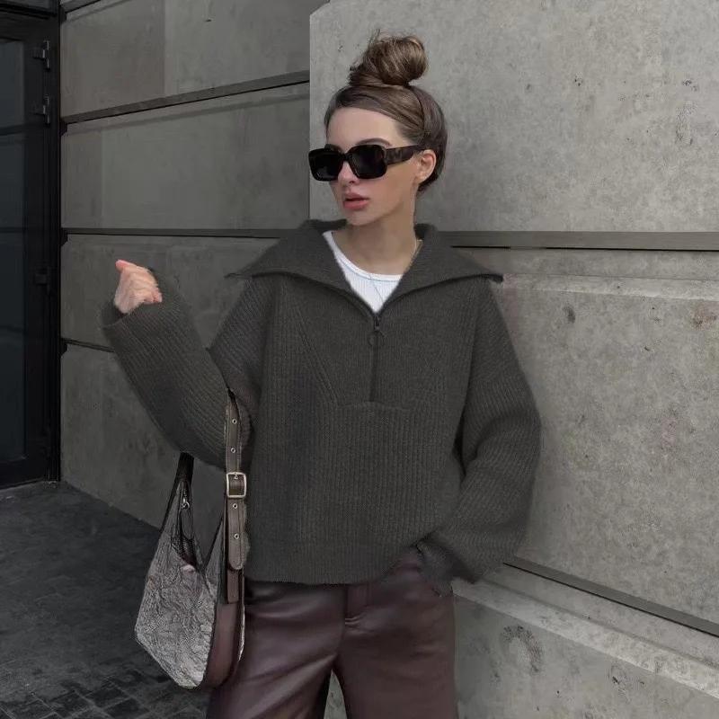 Women Vintage V-Neck Knit Pullover Sweater Long Sleeve Big Lapel Loose Casual Knitted Tops Autumn Winter Simple Fashion Kniwear Clothing