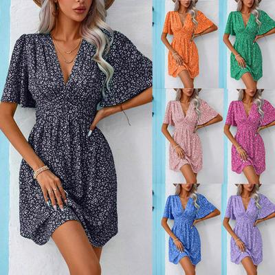 Ladies' Spring and Summer V-neck Mid Sleeve Printed High Waisted Floral Pleated Dress