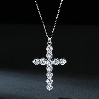 S925 Sterlingsilber Moissanit Kreuz Halskette - Europäische & Amerikanische Mode Hip-Hop Anhänger für Männer & Frauen.