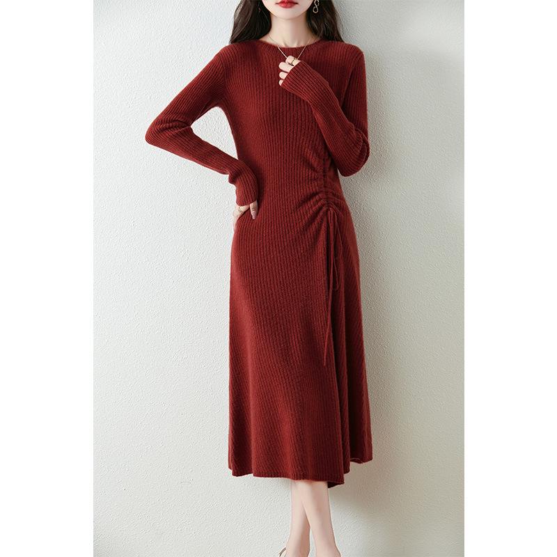 Women's Cashmere Knit A-Line Dress - Mid-Length, Round Neck, Over-the-Knee, 100% Pure, Casual and Versatile