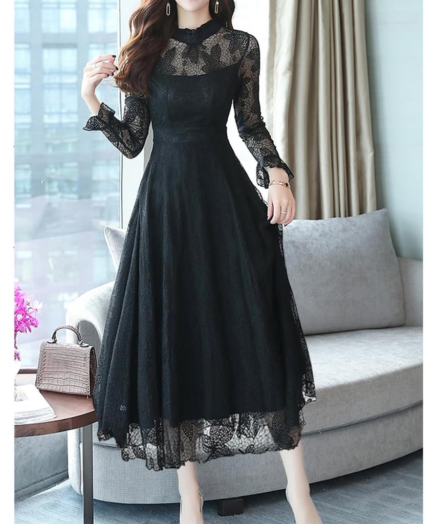 Sueeya Lace Long Ruffle Long Perfect for and Size M Women's Dress, Sleeves, Flared, All-Over Print, Cute, High-Waisted, Slimming, Stylish, Sheer,