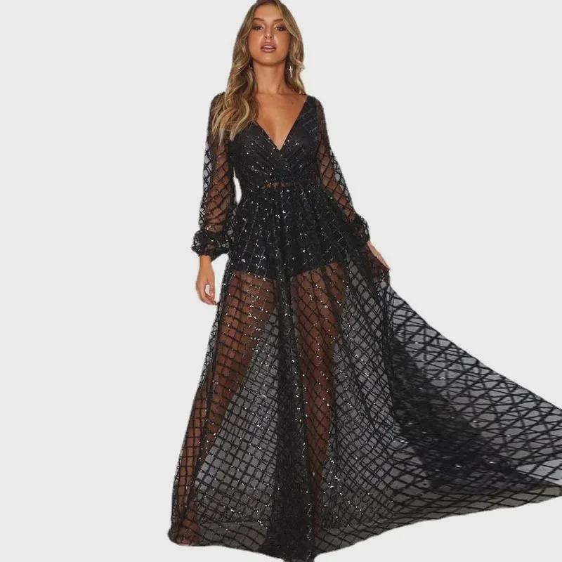 2025 Europeisk og Amerikansk Dame Vinter Gullstemplet V-hals Ryggløs Hul Kjole