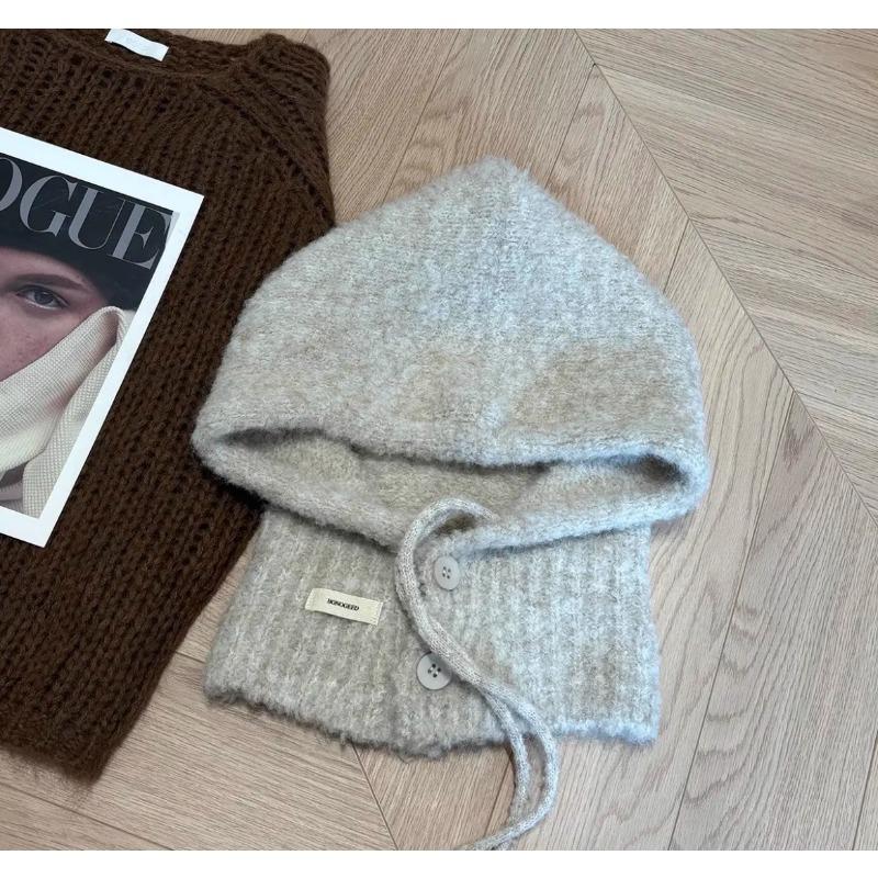 Autumn and Winter New Korean Style Anti Aging Balacala Cap Buttoned Scarf Cap One Piece Women's Ear Protecting and Warm Knitted Cap