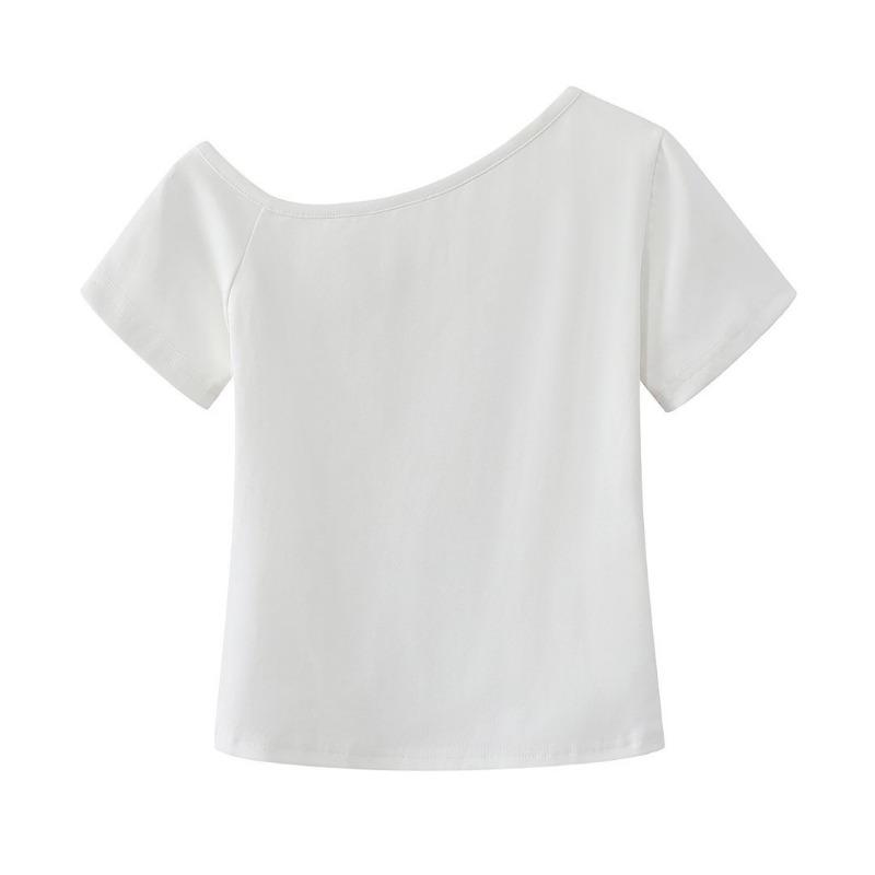 

Hot Girl s Slant Neck Off-shoulder Short-sleeved Summer New Style Pure Lust Style Short Navel-baring Slim Bottoming Top S белый