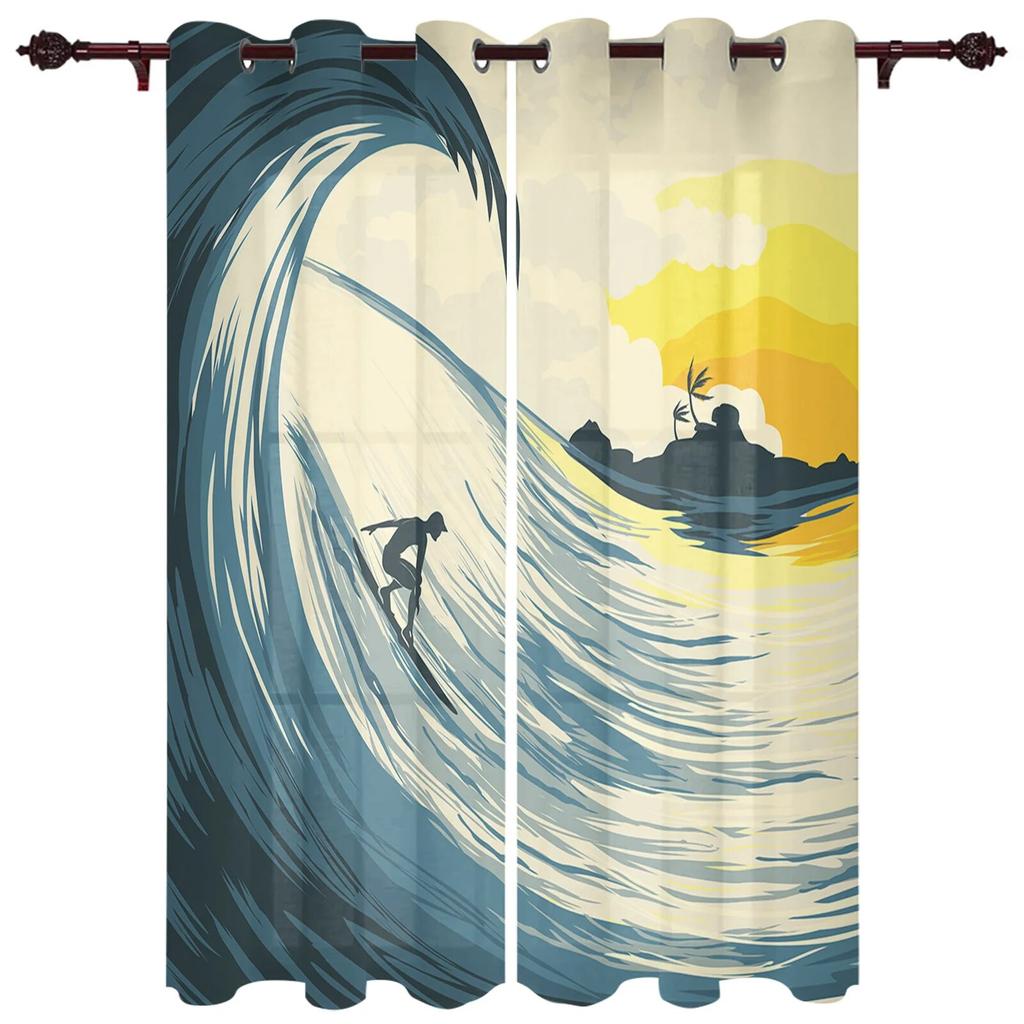 Blue Sea Water Wave Landscape Windows Curtains for Bedroom Modern Printing Blinds Curtain For Living Room Home Decor