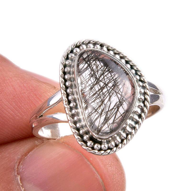 

Natural Black Rutile Gemstone 925 Solid Sterling Silver Jewelry Ring S.9.5 d3A38