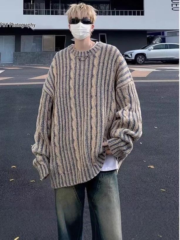 Men's Striped Jacquard Sweater - Retro Japanese American Style, Cool Casual Round Neck Knitwear for Autumn/Winter.