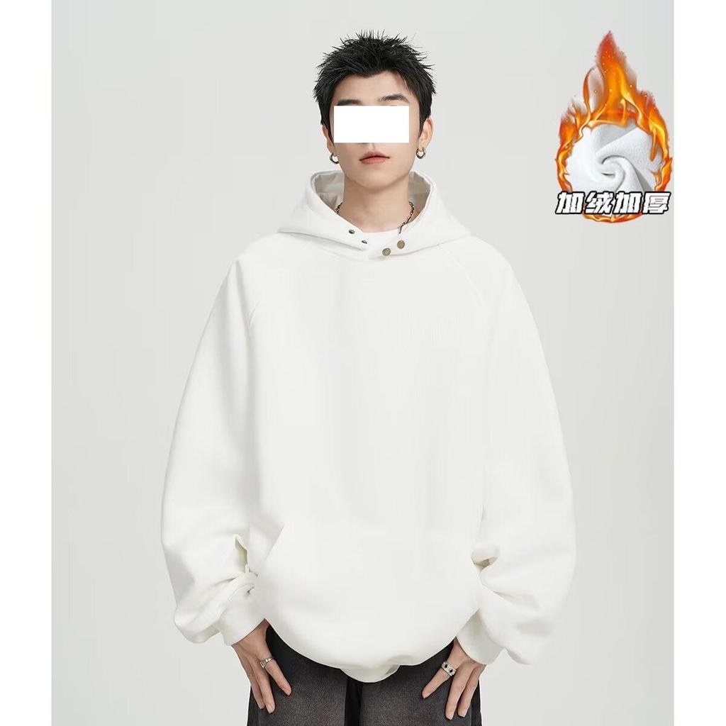 Heavy Button Hooded Sweater Men's Spring and Autumn Velvet Trendy Brand Loose Casual Solid Color Versatile American Hoodie Jacket