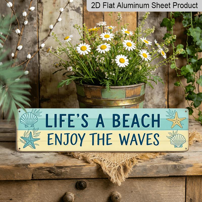 2D Flat, 1pc Rustic Coastal Aluminium Decorative Sign "Life's A Beach Enjoy The Waves" - Minimalist Nautical Beach Art with Wood Plank Decor