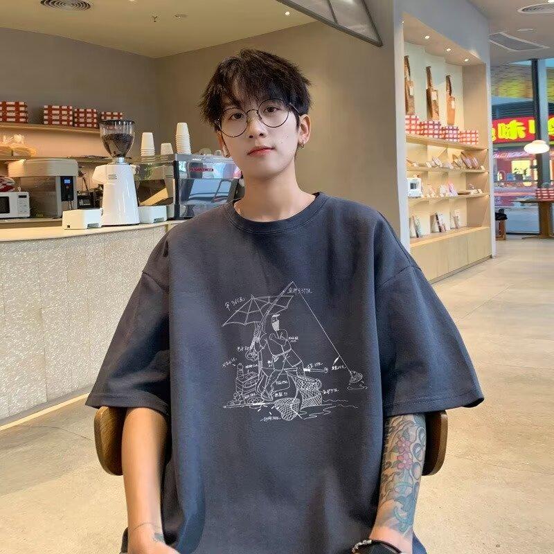 Men'S Trendy Letter Round Neck Printed Short Sleeved T-Shirt For Summer Ins Loose Casual Top