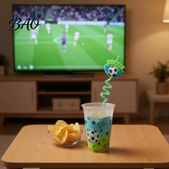 Birthday Party Straw 5Pcs Colorful Soccer Spiral Straws, Reusable Drinking Straws for Safe Odorless Party, Football Theme Celebration Beverage