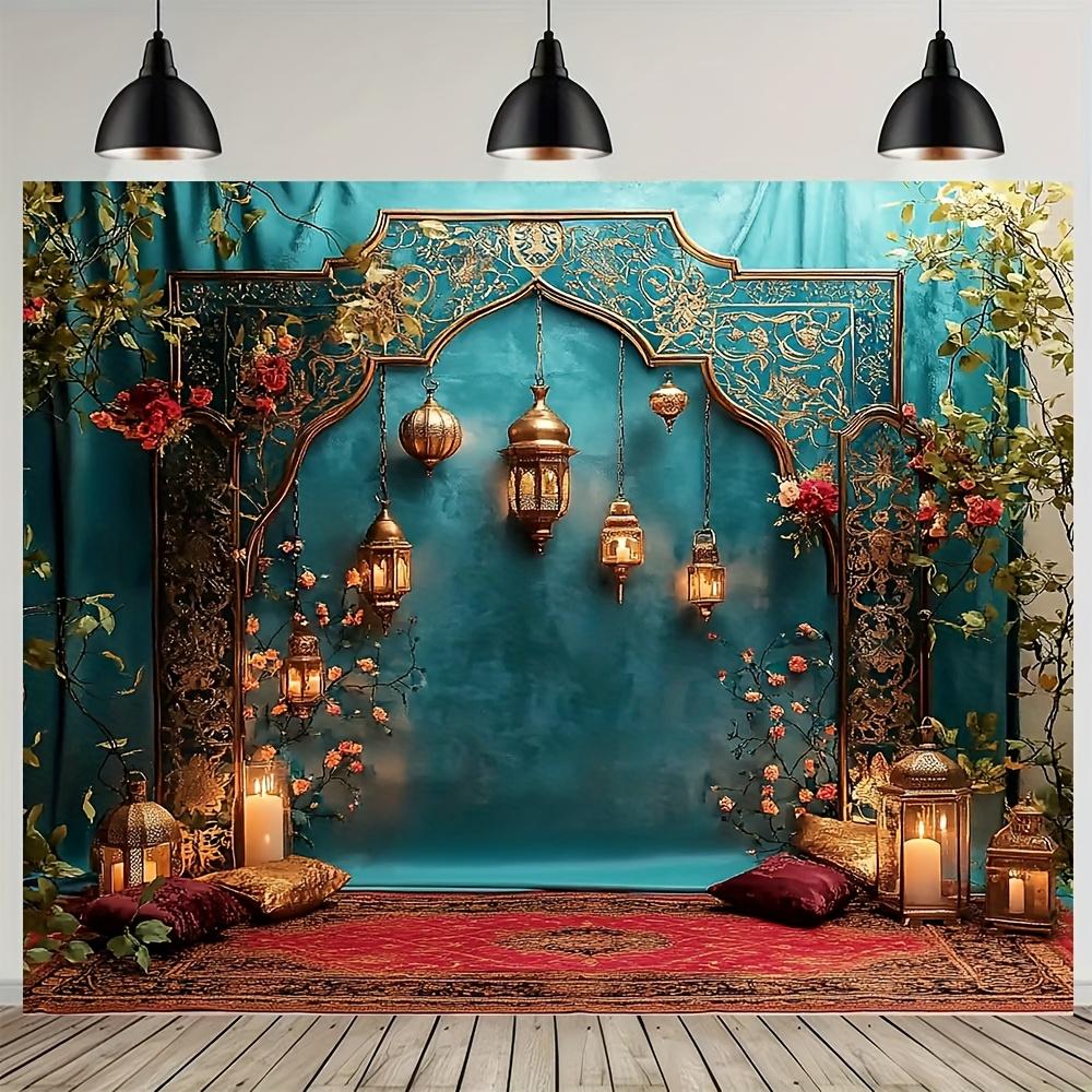 Un elegante fondo de arco marroquí decorado con linternas y flores - decoración de pavo real de poliéster duradero