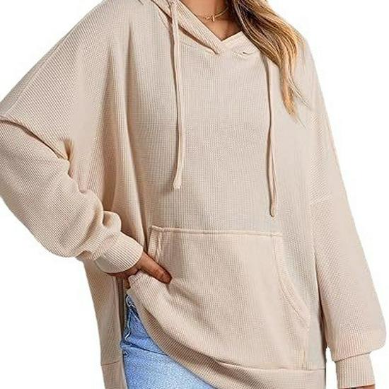 2024 Women's Hooded Waffle Knit Pullover Sweatshirt with Pocket, Long Sleeve, Autumn/Winter