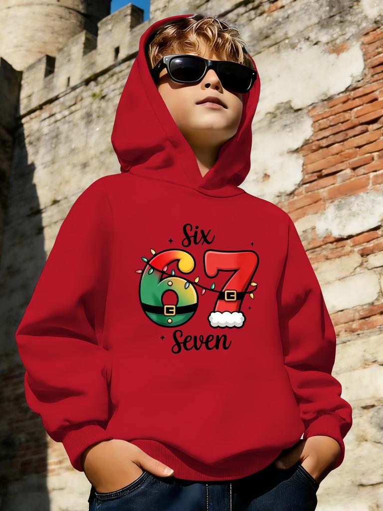 67" Seven Number Boys' Hooded Sweatshirt, Casual Daily Wear, Home and Outdoor, Fashion Print,t Gift for Kids