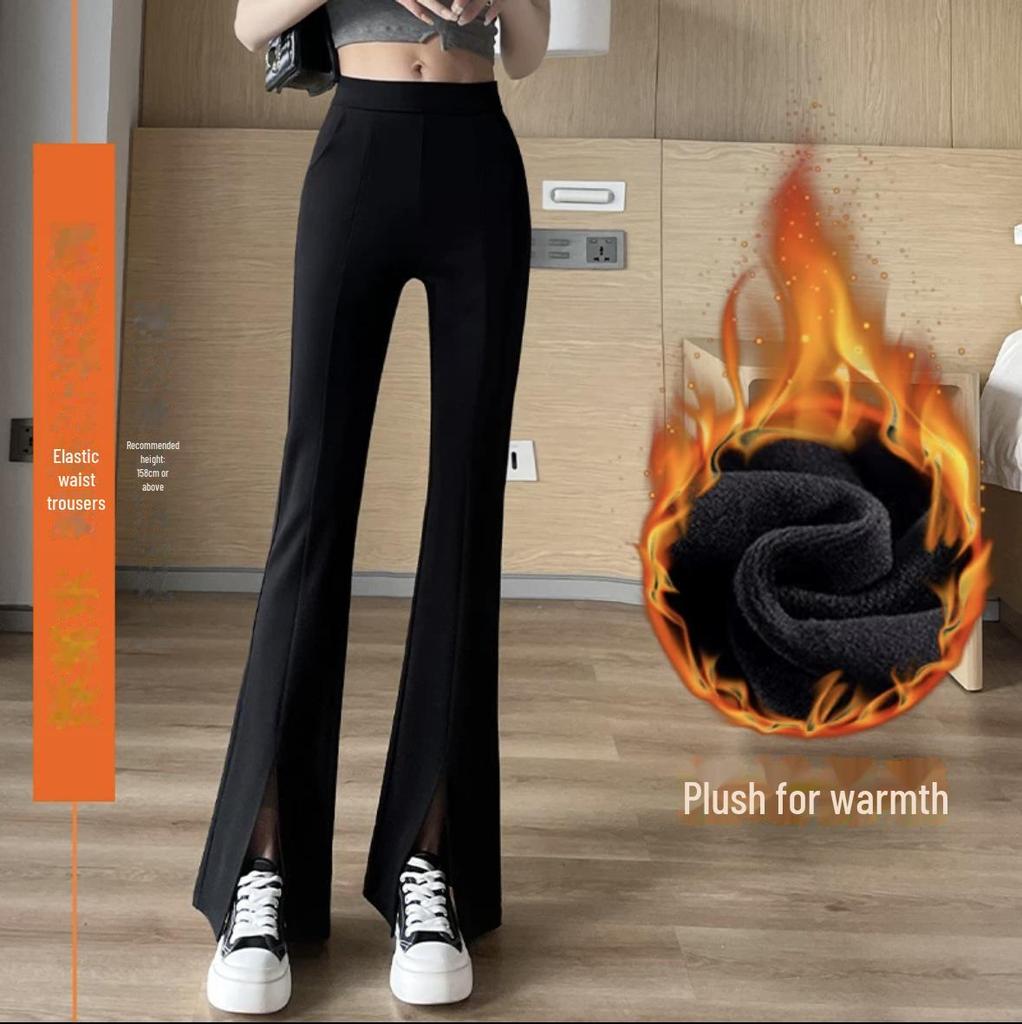 High-Waist Black Flared Pants for Women - Spring/Fall Slimming, Plus Size, Lightweight Front Slit Design