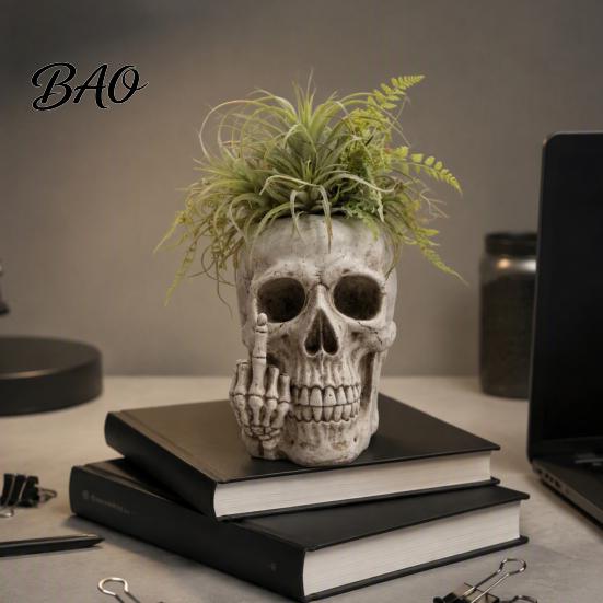 Resin Succulent Planter Gothic Skull with Middle Finger Design, Skeleton Flower Pot Retro Bone Texture Vase for Succulents, Funny Plant Ornament