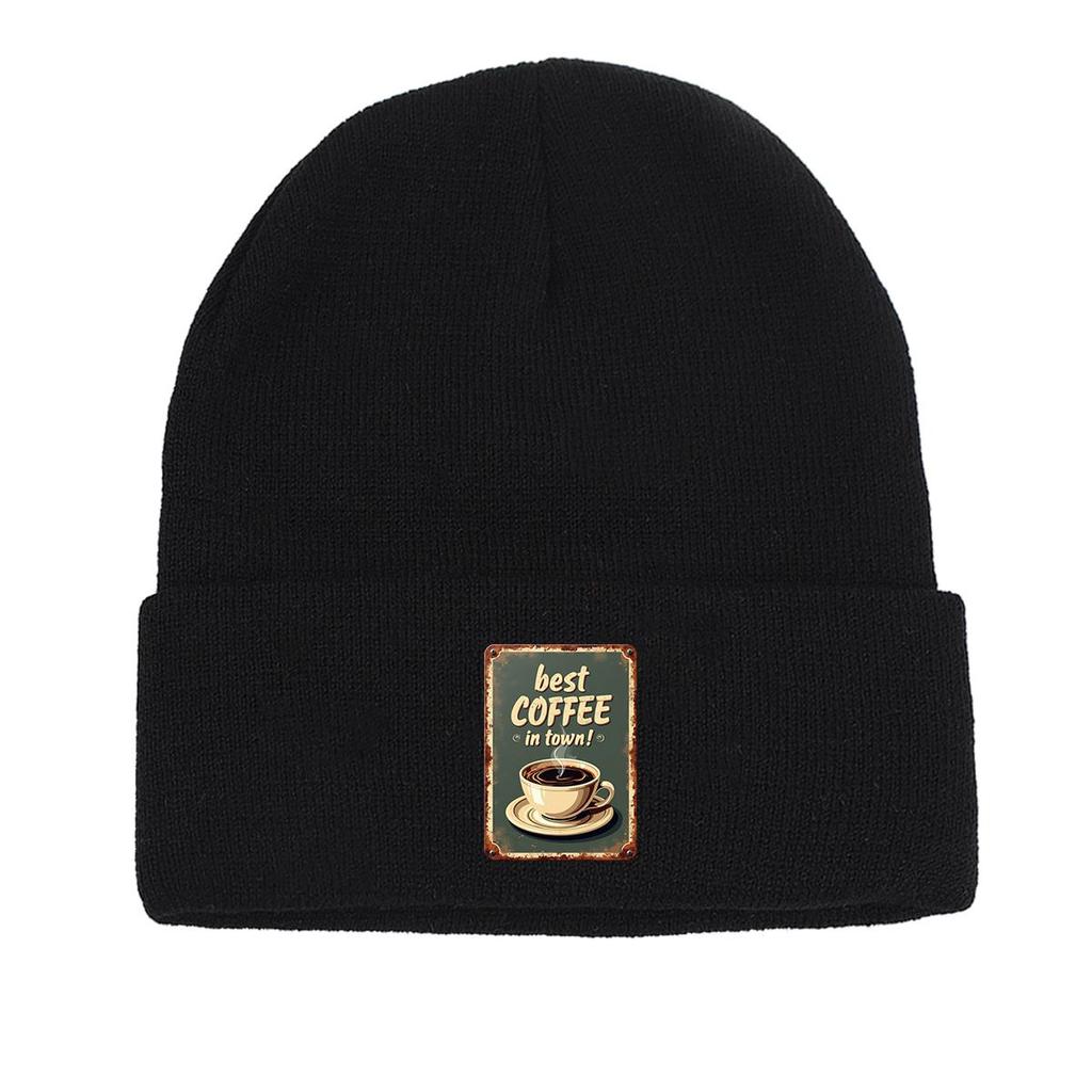 COFFEE Series Print Knitted Cap Beanie, Slouchy Leisure Knit Hat Beanie