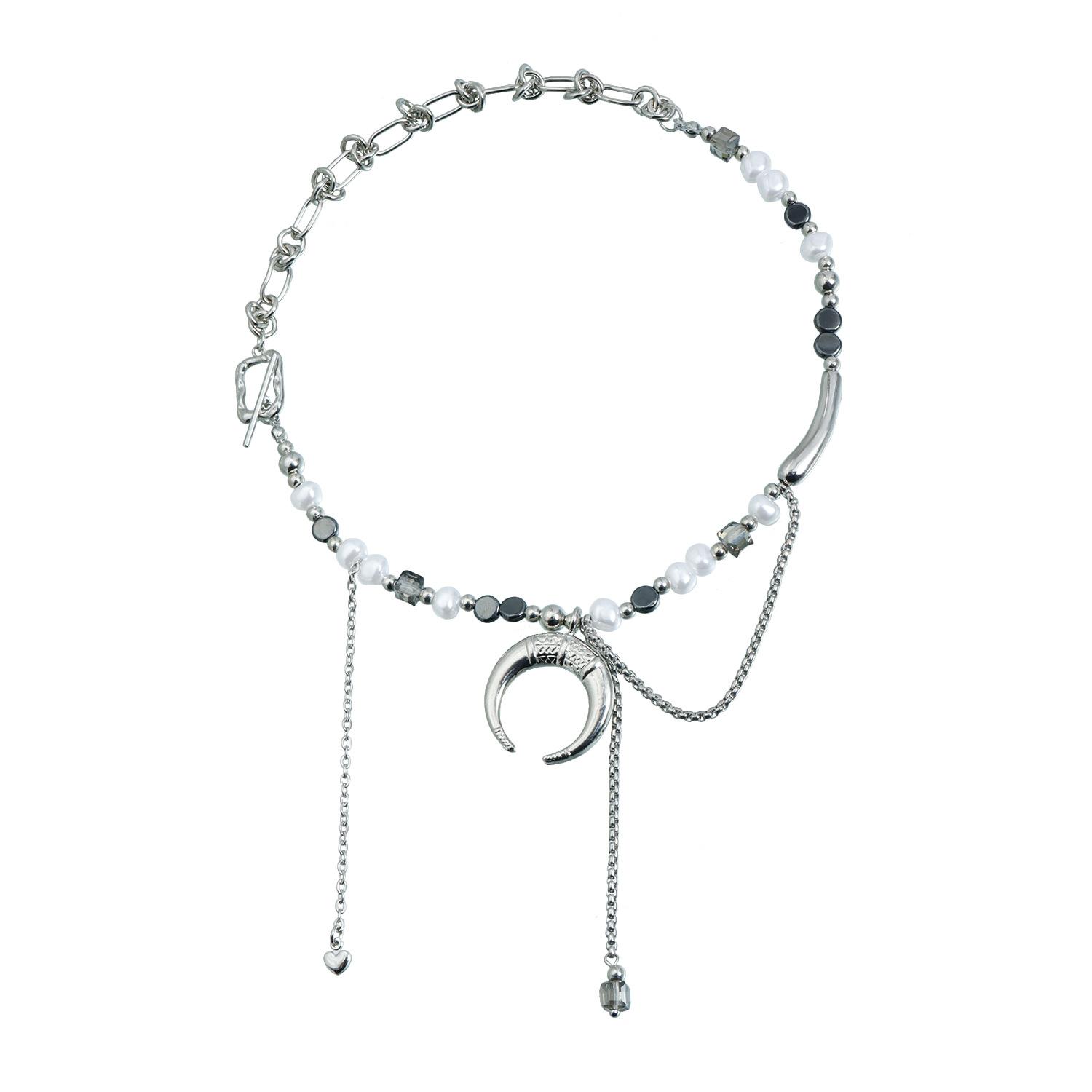 Jewelry Fashion Square Diamond Pearl Flat Crescent Necklace, Light Luxury Splicing Wind Multi-style Beaded Necklace