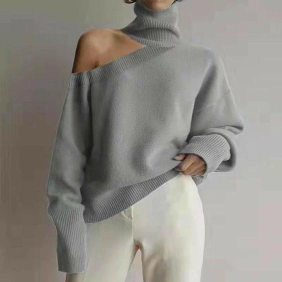 Toamnă și Iarnă Sexy Top cu Guler Înalt Pulover cu Umerii Descoperiți Modă Temperament Pulover Mânecă Lungă Pulover Îmbrăcăminte Femei