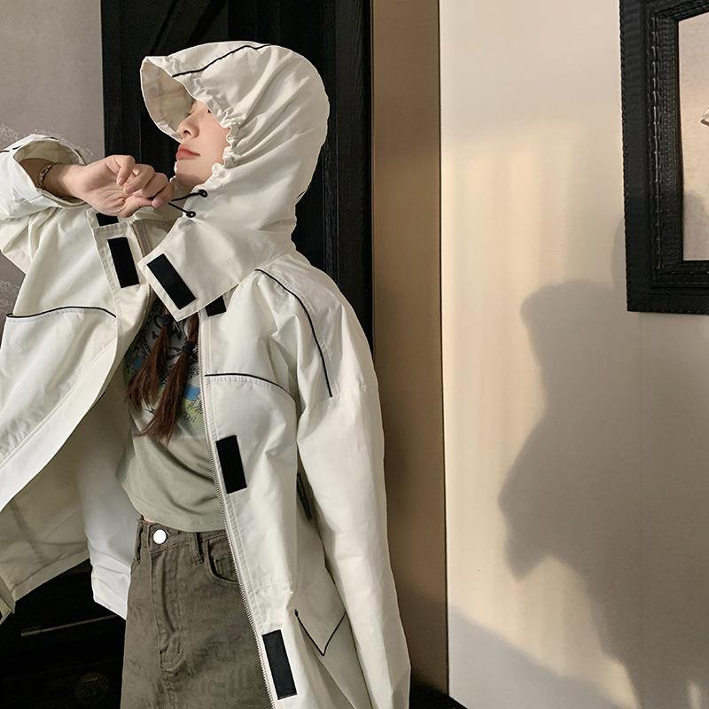 Women's Design Korean Style Loose Large Size Jacket Windbreaker Jacket For Women Hooded Velcro Coat