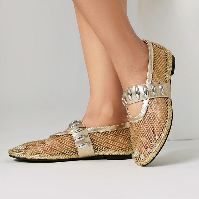 Fashion Round Toe Flat Bottomed Fishing Net Hollow Out Ballet Single Shoes Punk Style New Fashionable Women Shoes Size 48 Handmade Shoe