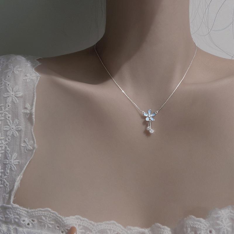 S925 Sterling Silver Epoxy Flower Necklace Women's Cross-border Girl Explosion Pendant 2024 New Light Luxury Niche Collarbone Chain