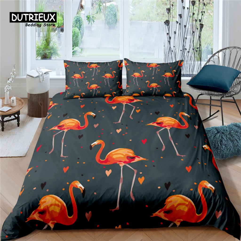 Home Living Luxury Flamingo Print 2/3Pcs Soft Duvet Cover PillowCase Queen and King Size Kids Bedding Set EU/US/AU Size
