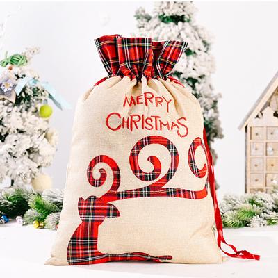 Saco de Presente de Doces de Natal com Cordão Padrão de Alce Sacola Reutilizável para Presentes Meias Felizes Penduradas para Decoração de Feriado e Natal