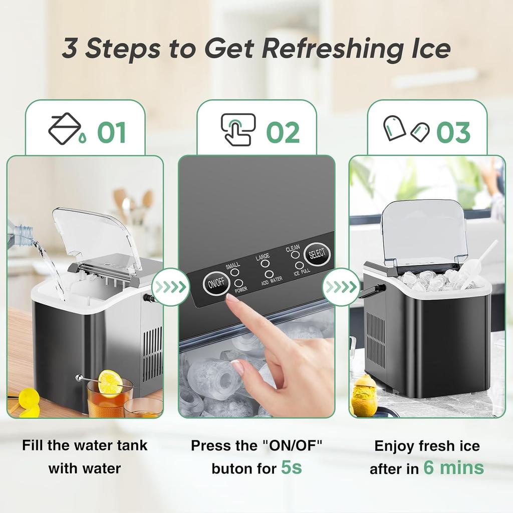 Portable Countertop Ice Maker, 26lbs/24H, 9 Cubes In 6 Mins, Self-Cleaning, Quiet for Home Kitchen RV Camping
