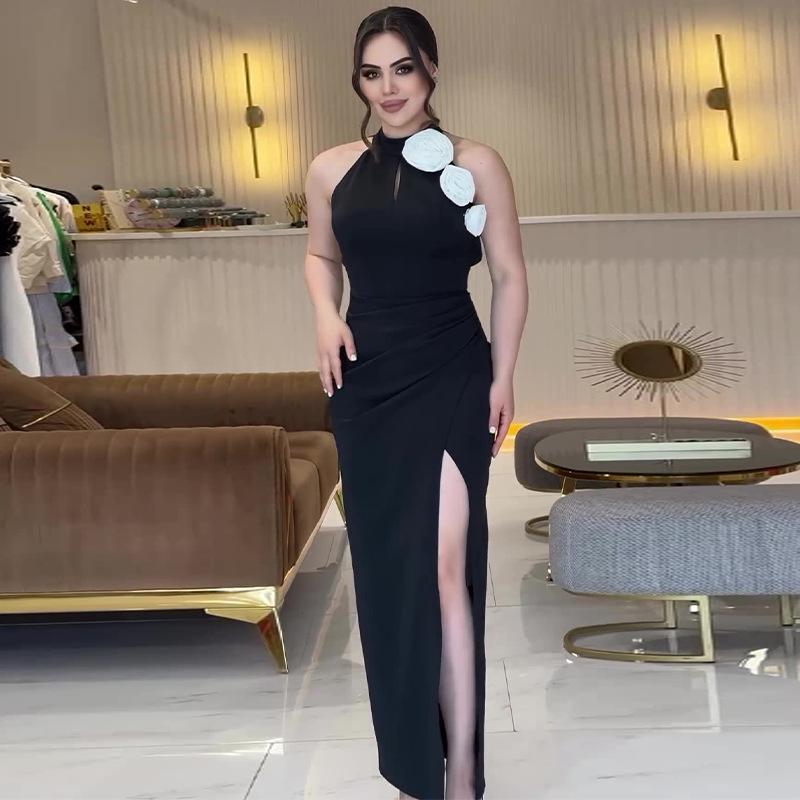 

Элегантное цветочное платье макси с разрезом 2024: Изысканный европейский и американский летний стиль XXXL чёрный