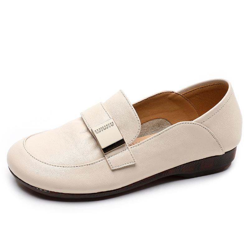 Round Toe Flat Sole Loafers for Women In Spring New Style of Cowhide Soft Sole Large Size 43 Single Shoes Square Buckle Bean Shoes